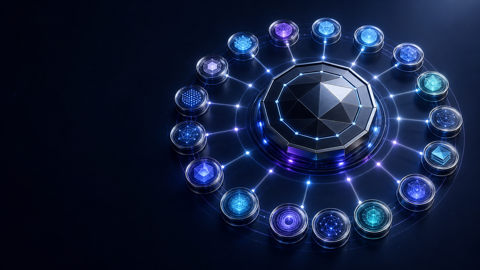 Abstract FEF15 index core surrounded by fifteen connected asset nodes